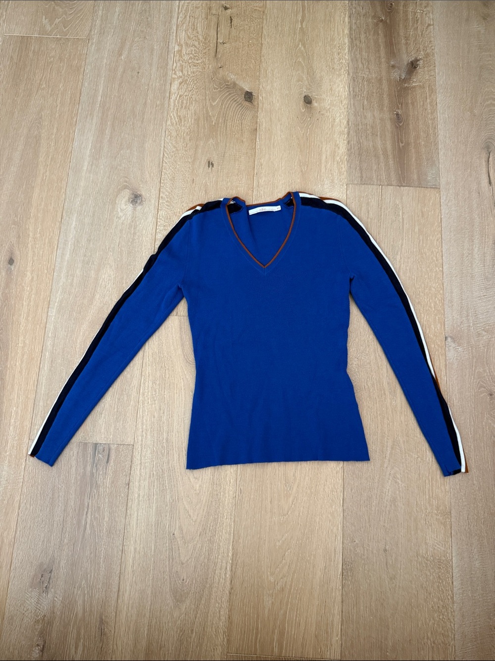 Slim Fit Royal Blue V-Neck Sweater with Contrast Shoulder Stripes